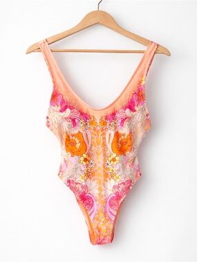 RIVER ISLAND floral one piece swimsuit high cut v neck pink orange